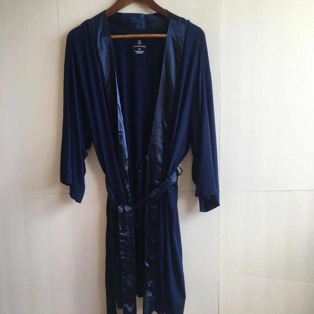 Lands' End Satin-Trim Midnight Blue Navy Robe NWOT- XL